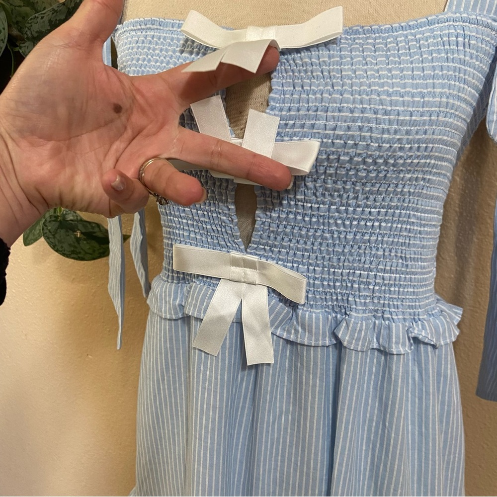 NWOT Sister Jane Kansas Blue Striped Tiered Smocked Tie-Strap Bow Midi Dress - Picture 5 of 10